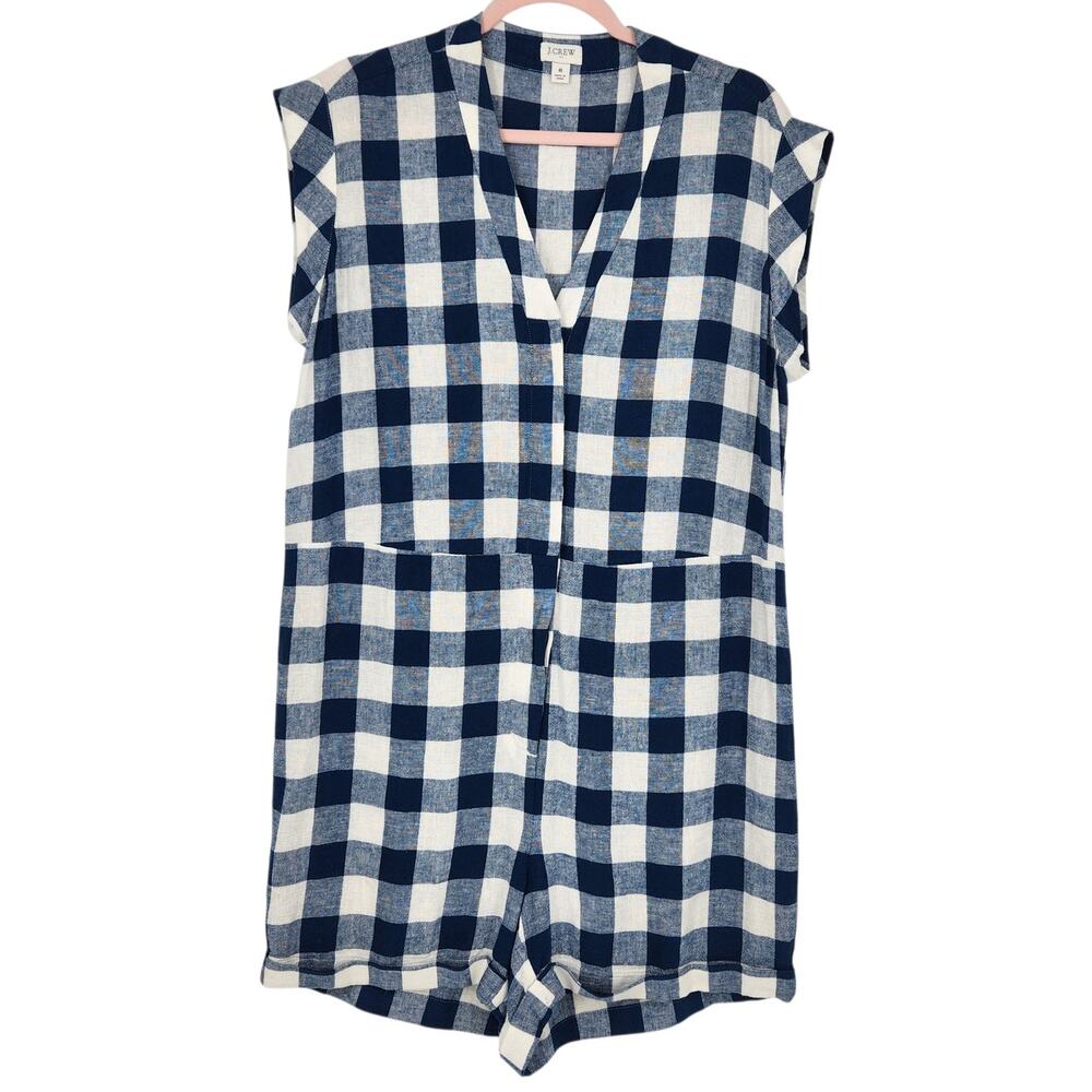 J.Crew Romper – Blue Gingham Linen Blend with Button Front & Short Sleeves